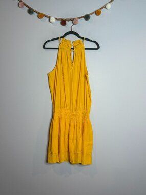 Ramy Brook yellow gold high neck ruffle mini dress